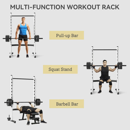 Squat Rack With Pull Up Bar And Barbell Bar Adjustable Bench Press Multi-Function Weight Lifting Half Rack, White