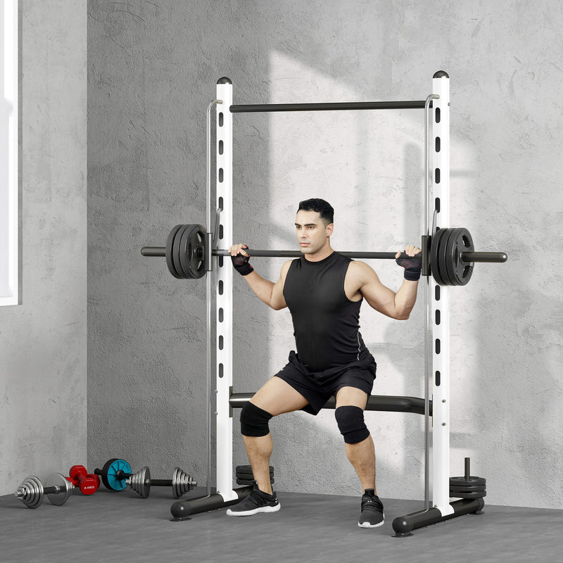 Squat Rack With Pull Up Bar And Barbell Bar Adjustable Bench Press Multi-Function Weight Lifting Half Rack, White